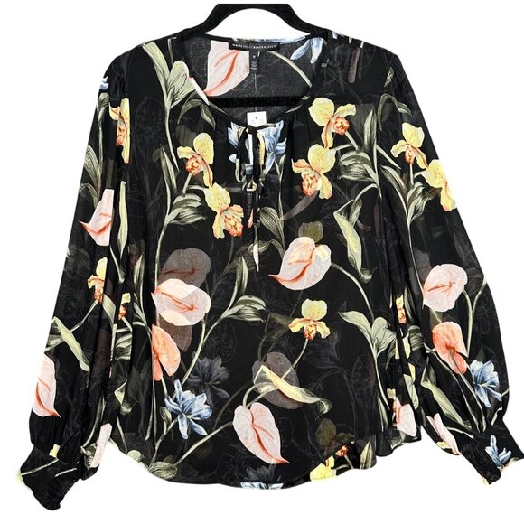 NEW White House Black Market Black Floral Blouse MED Sheer Lined Balloon Sleeve - Picture 2 of 13